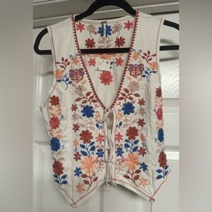 Free People Floral Embroidered Vest - Cream, Red, Blue, Orange